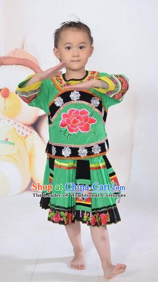 Traditional Chinese Yi Nationality Dance Embroidery Costume, Folk Dance Ethnic Dance Green Dress for Kids