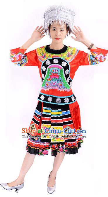 Traditional Chinese Miao Nationality Folk Dance Costume China Hmong Ethnic Minority Red Dress for Women