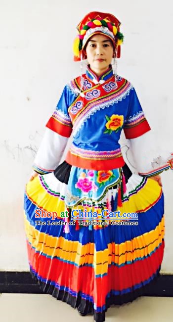 Traditional Chinese Yi Nationality Dance Costume Blue Dress Folk Dance Ethnic Clothing for Women