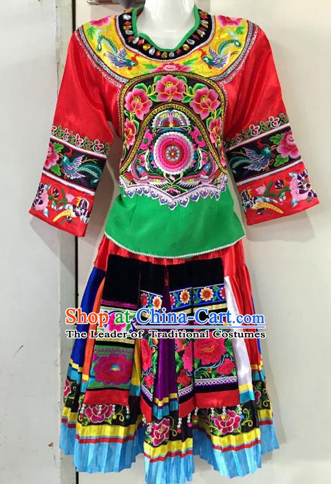 Traditional Chinese Hani Nationality Dance Embroidered Costume Folk Dance Ethnic Red Dress Clothing for Women