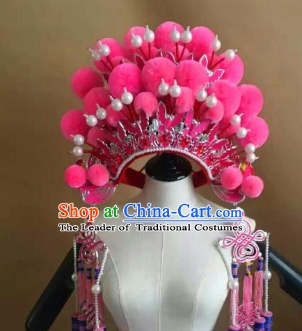 Traditional Chinese Beijing Opera Diva Pink Venonat Phoenix Coronet Peking Opera Actress Hats Headwear