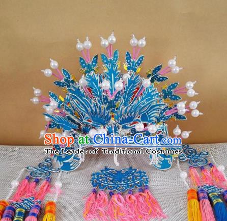 Chinese Traditional Beijing Opera Diva Blue Butterfly Phoenix Coronet Hair Accessories Peking Opera Actress Hats Headwear