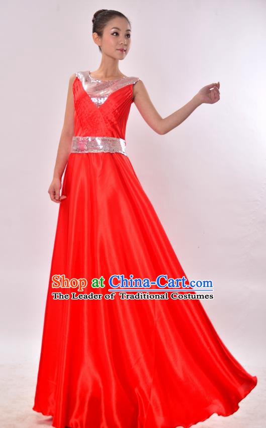 Traditional Chinese Modern Dance Chorus Costume, Women Opening Dance Red Dress for Women