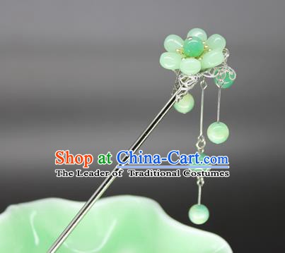 Chinese Ancient Handmade Hair Accessories Green Beads Tassel Step Shake Hair Stick Hairpins for Women