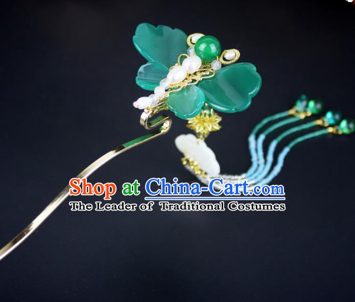 Chinese Ancient Handmade Hair Accessories Classical Hairpins Jade Butterfly Tassel Hair Clips for Women