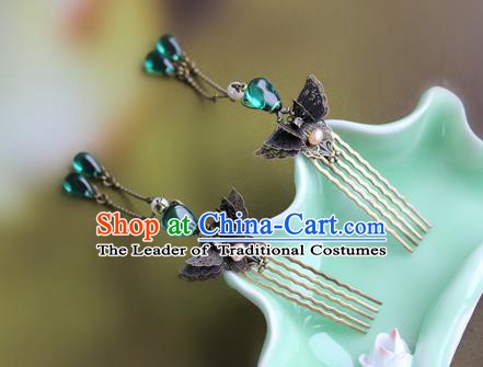 Chinese Ancient Handmade Hair Accessories Classical Green Crystal Tassel Hairpins Butterfly Hair Comb for Women