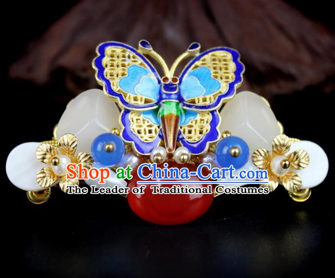 Chinese Ancient Handmade Hair Accessories Classical Jade Hairpins Blueing Butterfly Hair Claw for Women