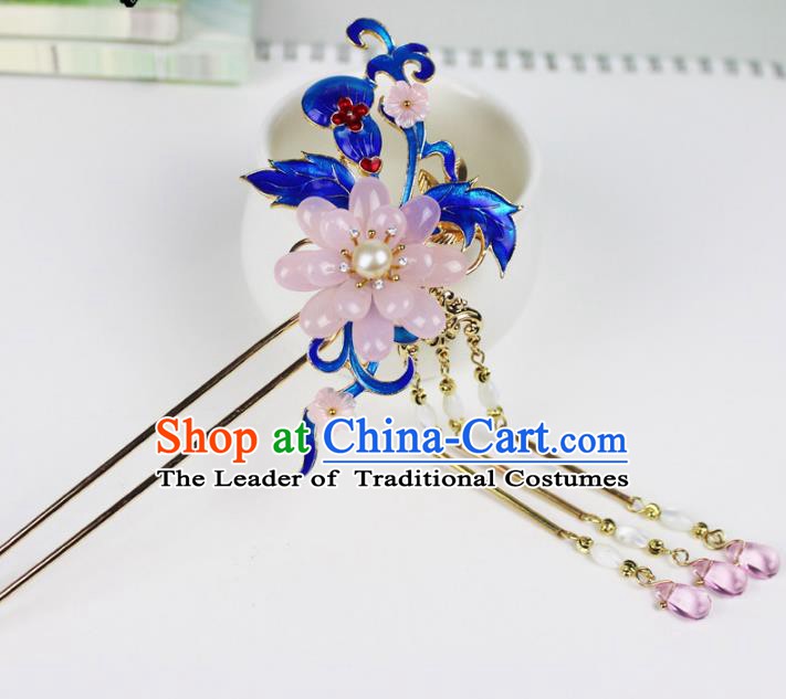 Chinese Ancient Handmade Hair Accessories Classical Hairpins Pink Flower Blueing Hair Clip for Women