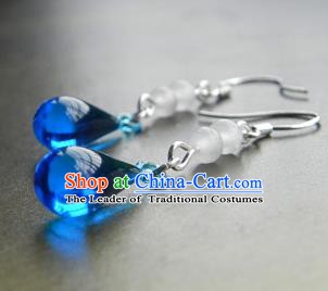 Chinese Ancient Handmade Accessories Blue Crystal Tassel Earrings for Women