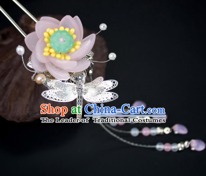 Chinese Ancient Handmade Hair Accessories Dragonfly Lotus Step Shake Classical Hanfu Tassel Hairpins for Women