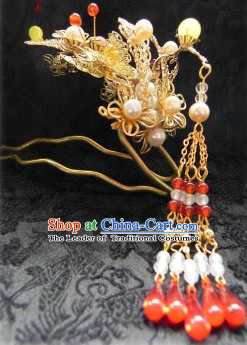 Chinese Handmade Ancient Red Beads Tassel Hairpins Hair Clip Classical Hanfu Hair Accessories for Women