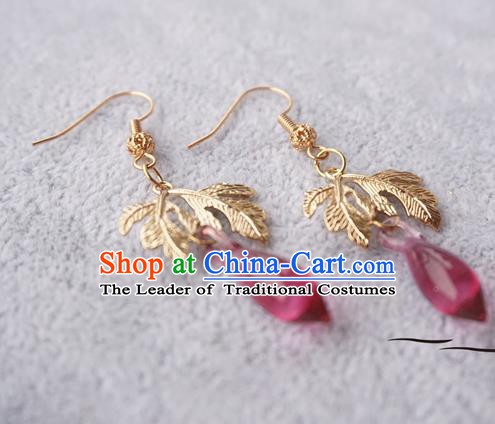 Chinese Handmade Ancient Golden Leaf Earrings Accessories Hanfu Crystal Eardrop for Women