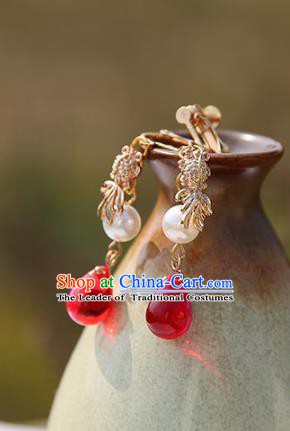 Chinese Handmade Ancient Jewelry Accessories Red Crystal Eardrop Hanfu Earrings for Women