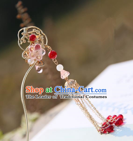 Chinese Ancient Handmade Hanfu Red Beads Tassel Step Shake Hairpins Palace Lady Hair Accessories for Women