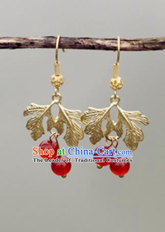 Chinese Handmade Ancient Jewelry Accessories Golden Leaf Eardrop Hanfu Earrings for Women