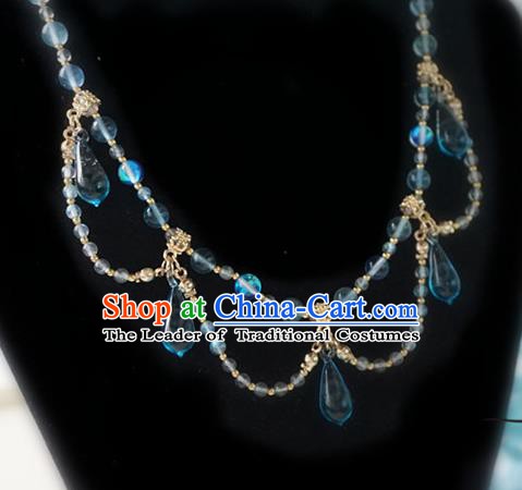 Chinese Handmade Ancient Jewelry Accessories Blue Crystal Necklace Hanfu Necklet for Women