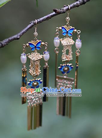 Chinese Handmade Ancient Jewelry Accessories Blueing Butterfly Eardrop Hanfu Earrings for Women