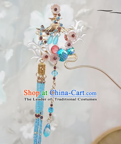 Chinese Ancient Handmade Hanfu Blue Tassel Step Shake Hairpins Hair Accessories for Women