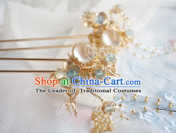 Chinese Ancient Handmade Hanfu Golden Flowers Hairpins Hair Accessories Tassel Step Shake for Women