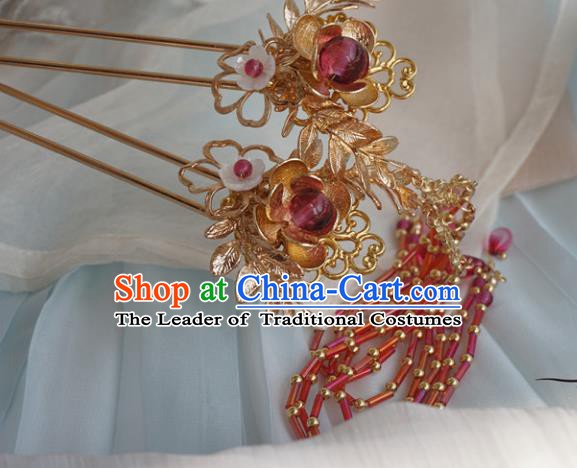 Chinese Ancient Handmade Hanfu Hairpins Hair Accessories Red Tassel Step Shake for Women