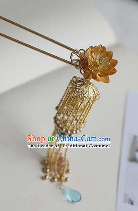 Chinese Ancient Hanfu Handmade Tassel Hair Clips Golden Lotus Hairpins Hair Accessories for Women