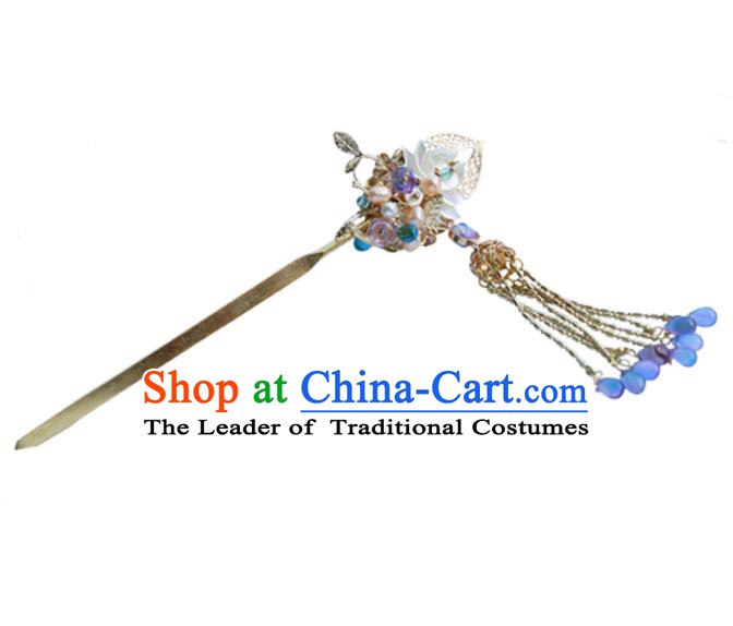 Chinese Ancient Hanfu Handmade Tassel Lotus Hairpins Step Shake Hair Accessories for Women