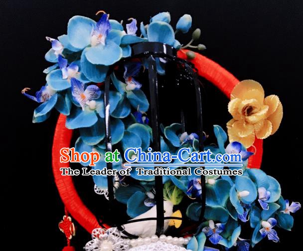 Top Grade Deluxe Hair Accessories Blue Flowers Headdress Halloween Stage Performance Headwear for Women