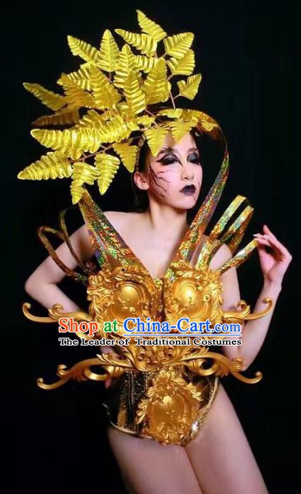 Top Grade Stage Performance Catwalks Costume Halloween Brazilian Carnival Golden Clothing for Women