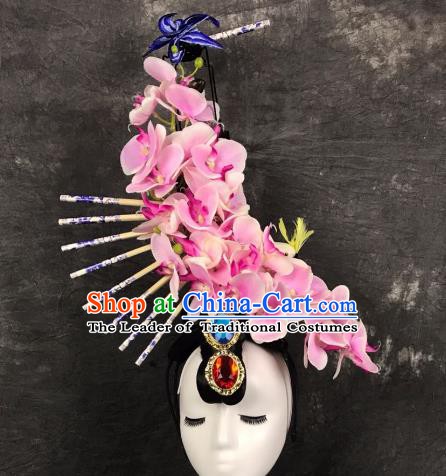 Top Grade China Ancient Pink Flowers Hair Accessories Palace Hair Crown Stage Performance Headdress for Women