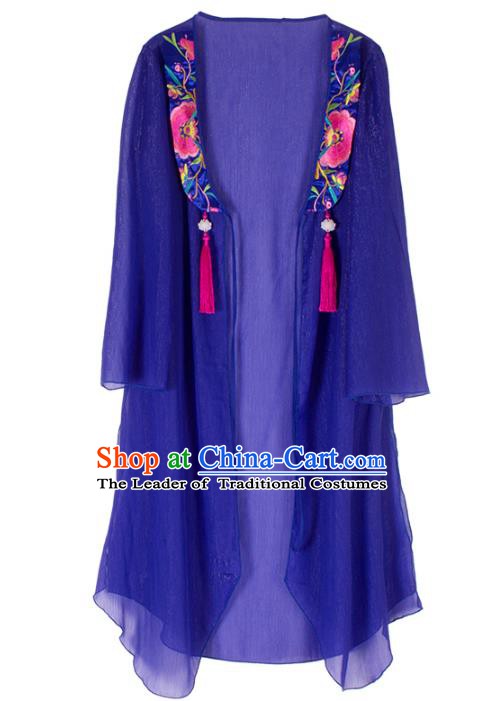 Traditional China National Costume Chinese Tang Suit Embroidered Blue Cardigan for Women