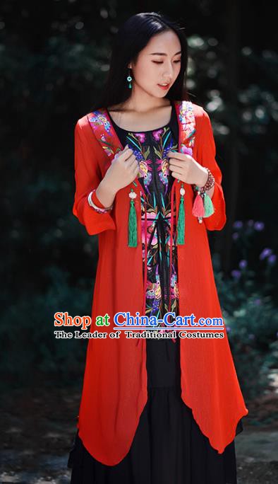 Traditional China National Costume Chinese Tang Suit Embroidered Red Cardigan for Women