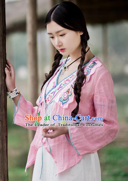 Traditional China National Costume Linen Blouse Chinese Tang Suit Embroidered Pink Cardigan for Women