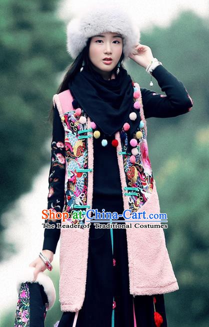 Traditional China National Costume Tang Suit Pink Vests Chinese Embroidered Peony Waistcoat for Women