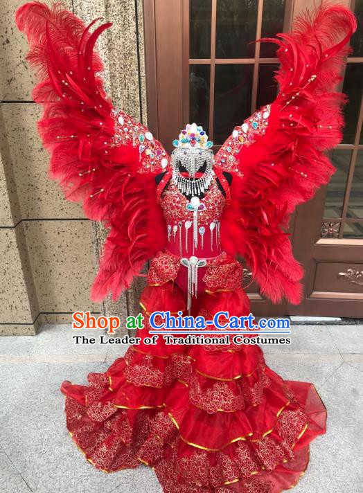 Top Grade Children Stage Performance Costume Catwalks Red Feather Wings Bikini Dress and Headwear for Kids