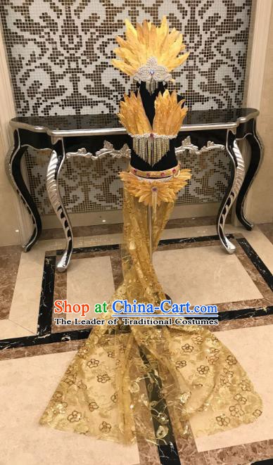 Top Grade Children Stage Performance Costume Catwalks Modern Dance Golden Feather Bikini and Headwear for Kids