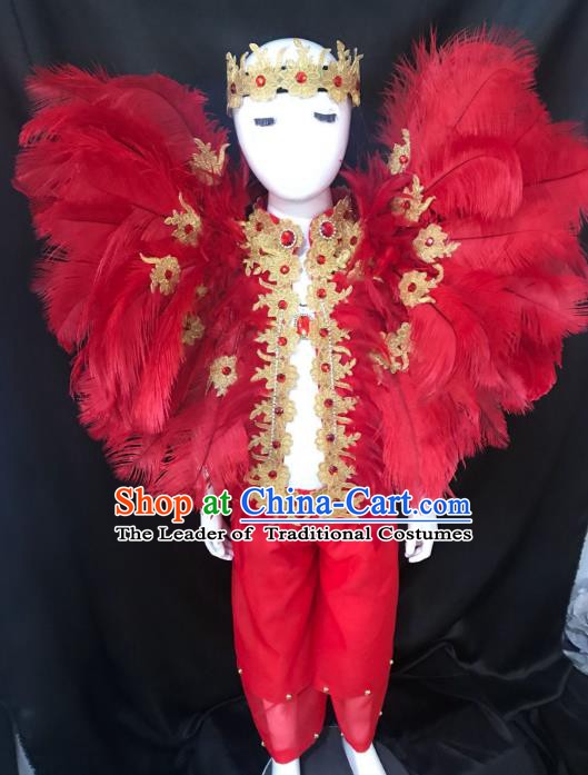 Top Grade Children Stage Performance Costume Catwalks Modern Dance Red Feather Clothing and Headwear for Kids