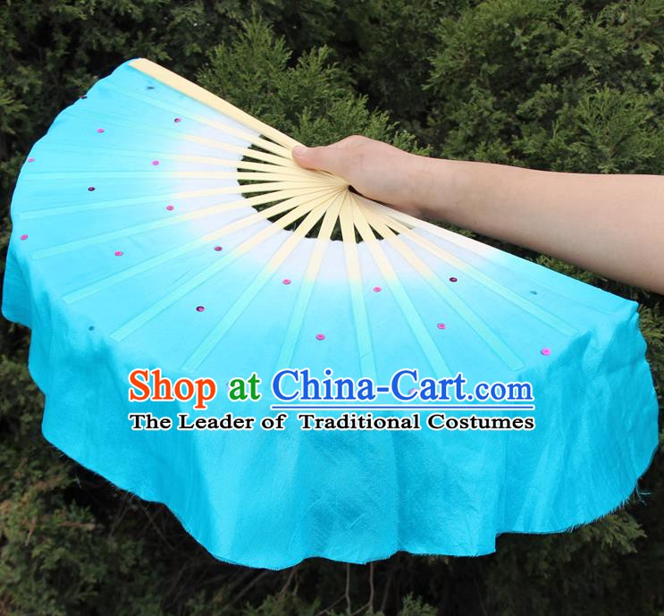 Top Grade Chinese Folk Dance Folding Fans Dance Fans Yangko Blue Silk Fans for Women