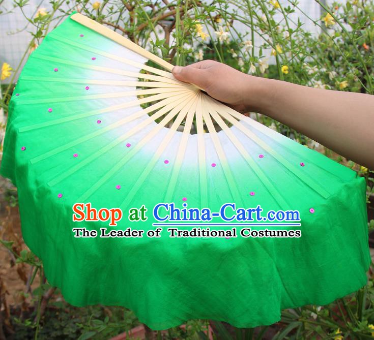 Top Grade Chinese Folk Dance Folding Fans Dance Fans Yangko Green Silk Fans for Women