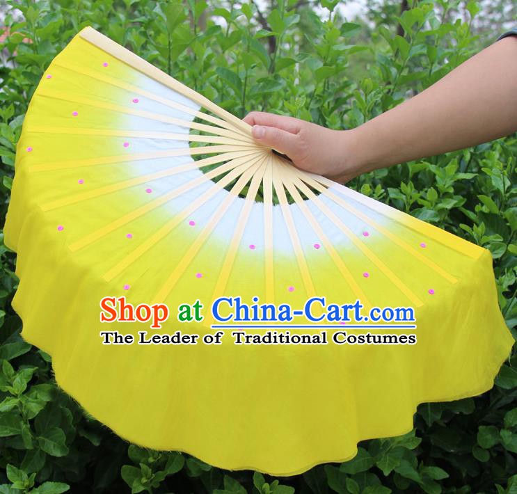 Top Grade Chinese Folk Dance Folding Fans Dance Fans Yangko Yellow Silk Fans for Women