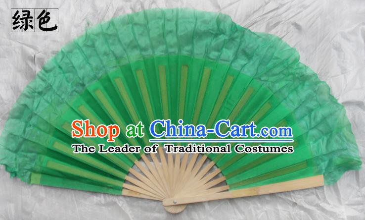 Top Grade Chinese Folk Dance Folding Fans Yangko Dance Green Silk Fan for Women