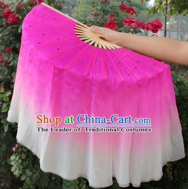 Top Grade Chinese Folk Dance Folding Fans Yangko Dance Rosy and White Silk Ribbon Fan for Women