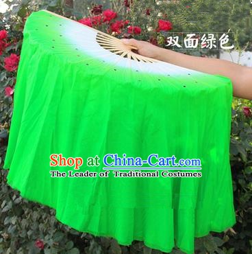 Top Grade Chinese Folk Dance Folding Fans Yangko Dance Green Silk Ribbon Fan for Women