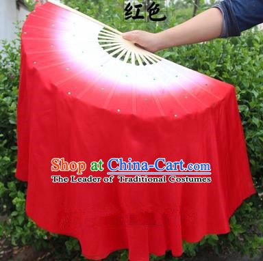 Top Grade Chinese Folk Dance Folding Fans Yangko Dance Red Silk Ribbon Fan for Women