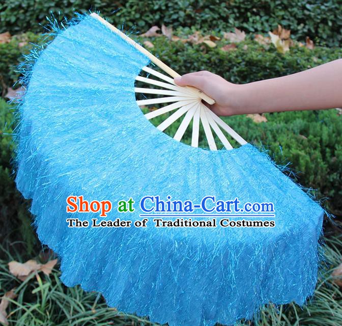 Chinese Handmade Folk Dance Blue Folding Fans Yangko Dance Classical Dance Fans for Women