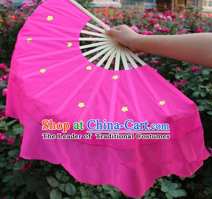 Chinese Handmade Folk Dance Rosy Silk Folding Fans Yangko Dance Classical Dance Fans for Women