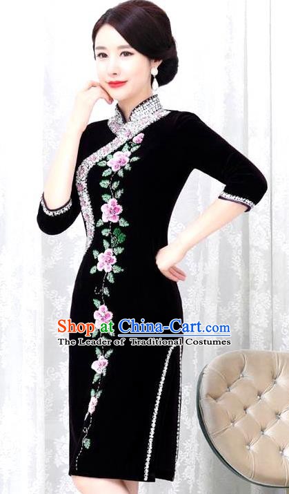 Chinese Traditional Elegant Seven Sleeves Cheongsam Embroidery Black Velvet Qipao Dress National Costume for Women