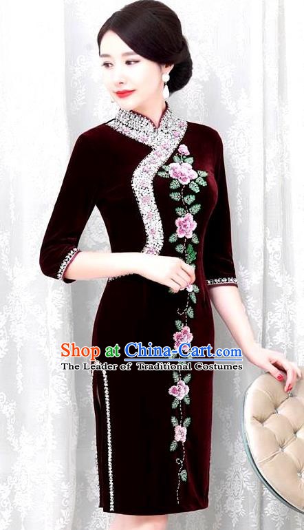 Chinese Traditional Elegant Seven Sleeves Cheongsam Embroidery Purplish Red Velvet Qipao Dress National Costume for Women