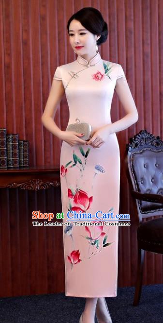 Chinese Traditional Printing Lotus Elegant Pink Cheongsam National Costume Silk Qipao Dress for Women