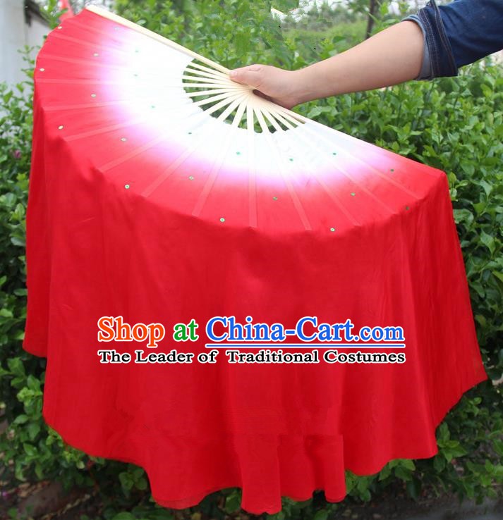 Chinese Handmade Folk Dance Red Ribbons Folding Fans Yangko Dance Classical Dance Fans for Women