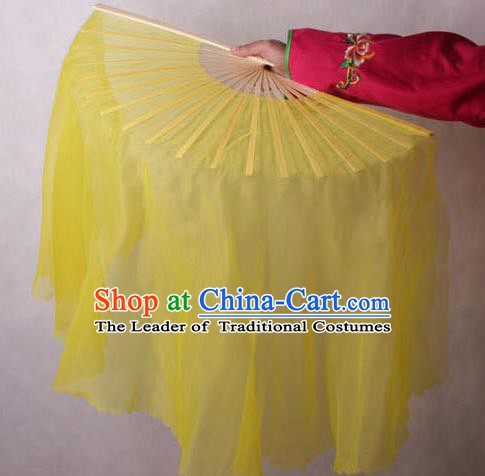 Chinese Handmade Folk Dance Yellow Ribbon Folding Fans Yangko Dance Classical Fans for Women